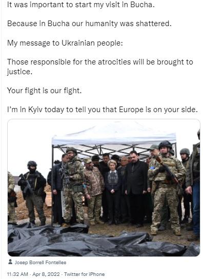 Ukraine: EU's Ursula von der Leyen tweet, as she gazes on giant body bags.