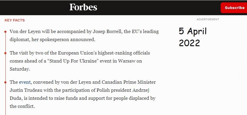 Von der Leyen to visit Zelensky in Ukraine.