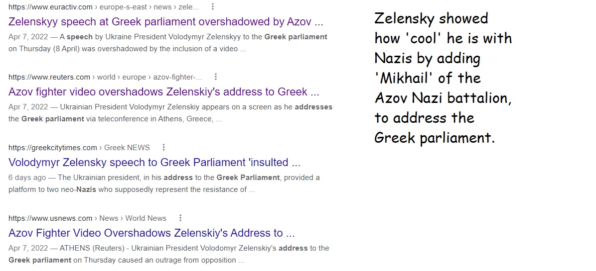 Ukraine president brought Azov Nazi Mikail to address Greek parliament.