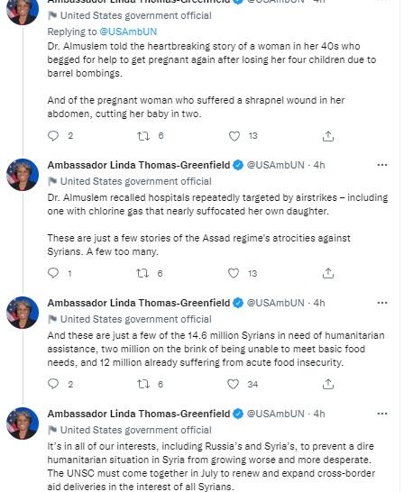 Tweets from Ambassador Thomas-Greenfield, who did not address the UNSC meeting.