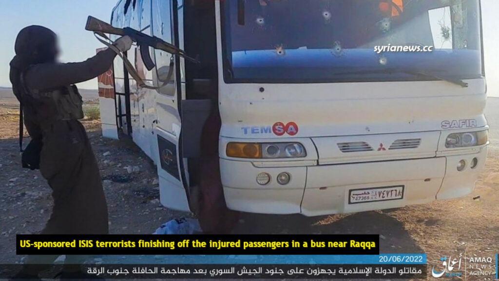 US-sponsored ISIS ISIL terrorists finishing off passengers of a bus near Raqqa إرهابيو داعش المدعومين أمريكياً يجهزون على ضحايا الباص قرب الرقة