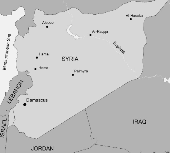 Map of Syria, showing Palmyra, bombed by Israel.